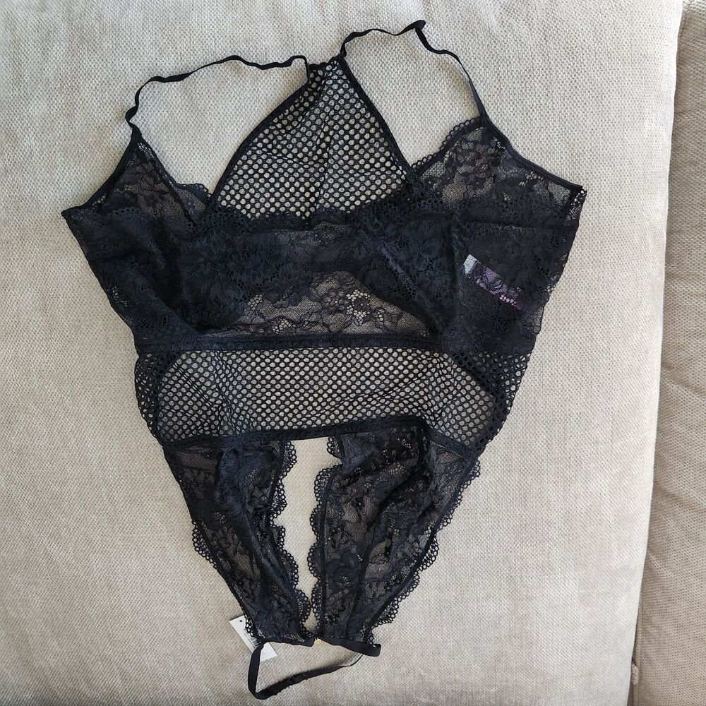 Adore Me Women's Jet Black Large Mesh Lace Bodysuit NWT